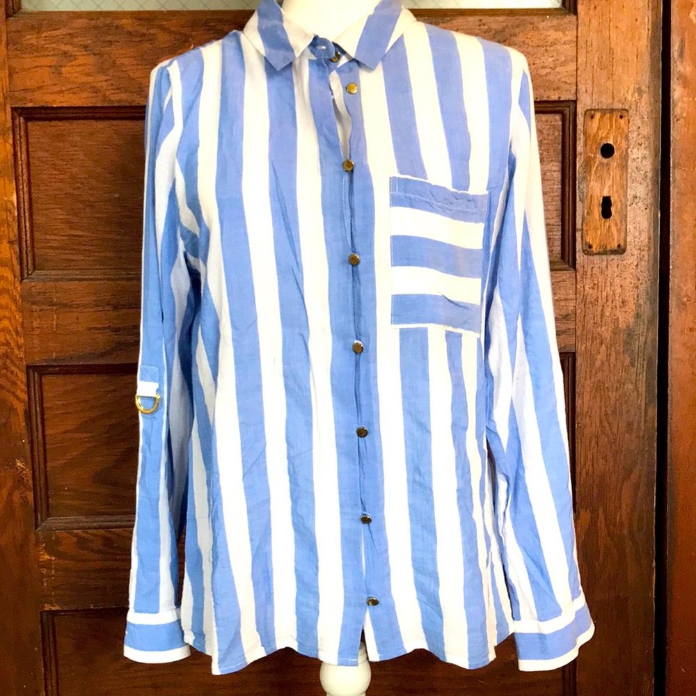 Soft surroundings Blue and White Striped Button down shirt